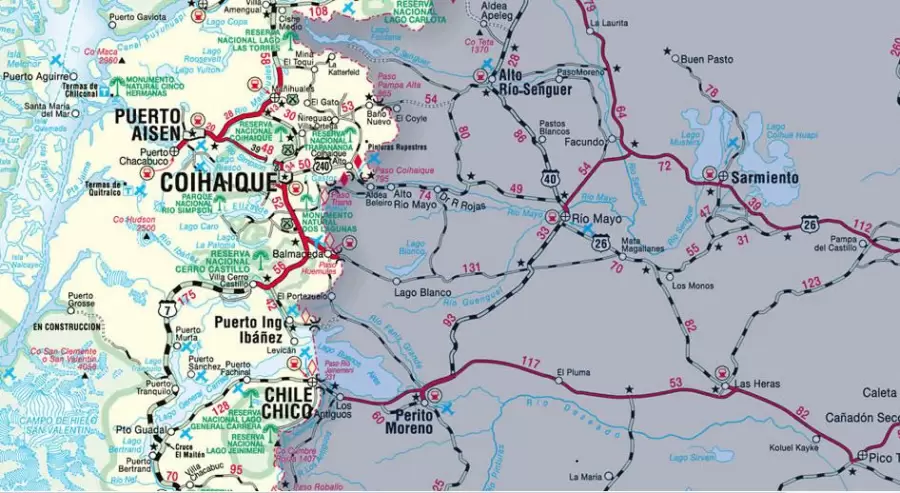 Ubicación de Balmaceda en la región de Aysén frente a Chubut