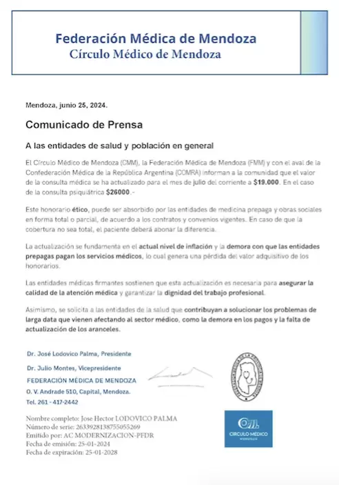 Comunicado del Círculo Médico y la Federación Médica de Mendoza