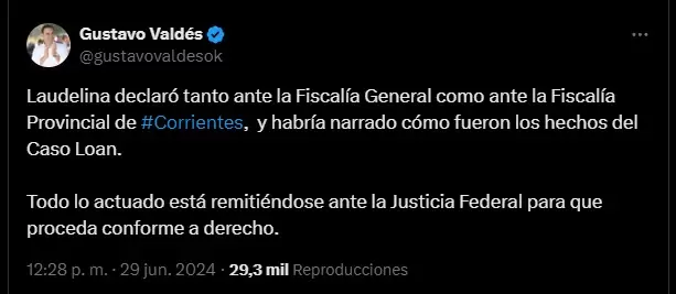 El gobernador de Corrientes se manifestó sobre la declaración de Laudelina Pérez