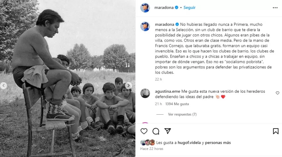 Posteo de la cuenta de Instagram de Diego Maradona