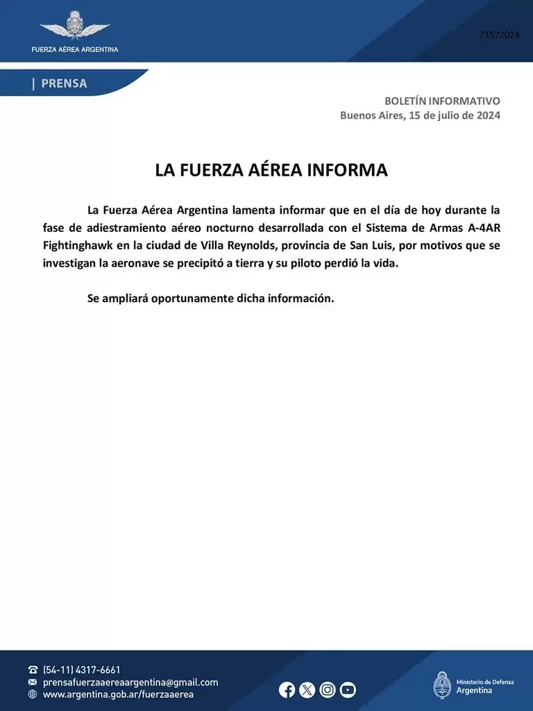 Comunicado de la Fuerza Aérea.