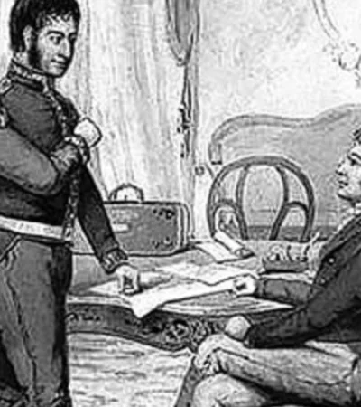 Grabado que ilustra la reunión entre San Martín con Pueyrredón. (Web)