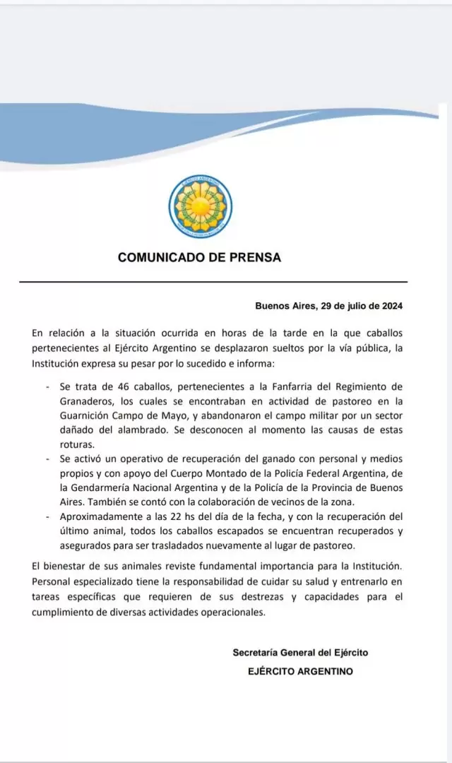Comunicado de prensa Ejército Argentino.