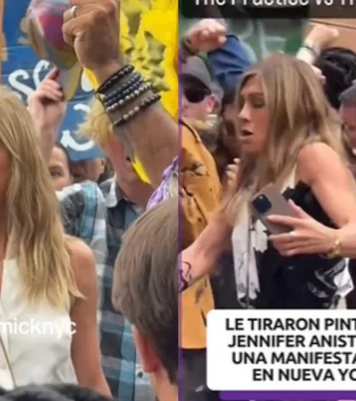 Jennifer Aniston fue rociada con pintura en Nueva York.