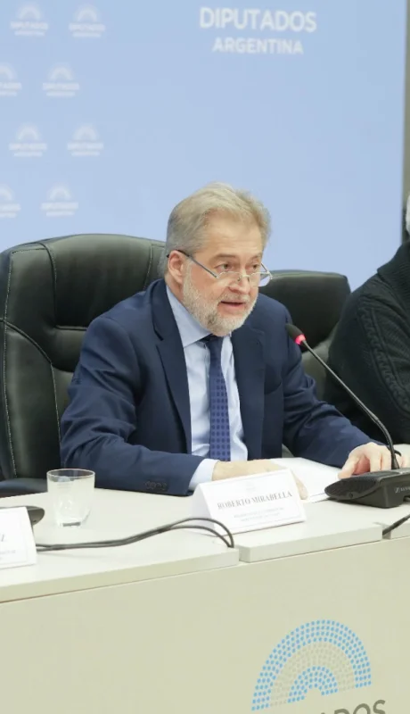 (de izqu. a der.) Romina Diez (LLA), vicepresidenta; Roberto Mirabella (UxP), presidente; Gabriel Fuks (UxP), titular de la delegación en el Parlasur.