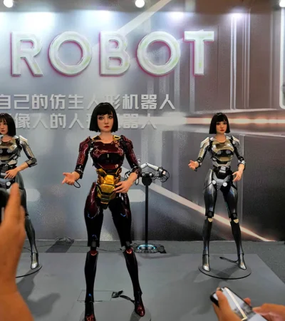 Robots humanoides en sincronía en la ceremonia en Pekín.