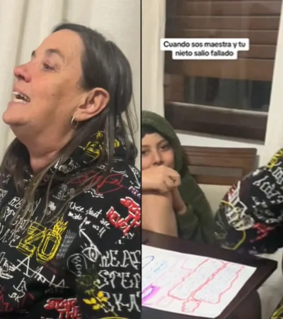 Madre e hija se ríen de la insólita respuesta de un joven estudiante.