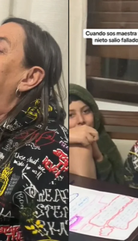 Madre e hija se ríen de la insólita respuesta de un joven estudiante.