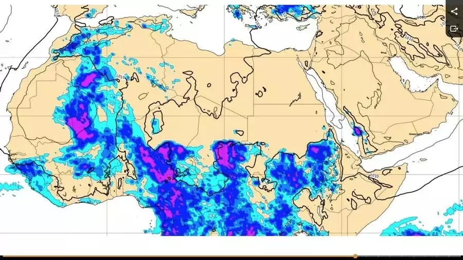 Precipitaciones en el desierto del Sáhara en la primera semana de septiembre, según la predicción del Centro Europeo de Previsiones Meteorológicas.