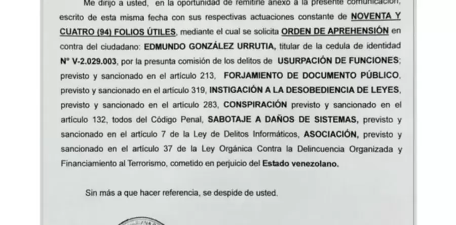 Parte del texto de la orden de arresto emitida por la Fiscalía General chavista