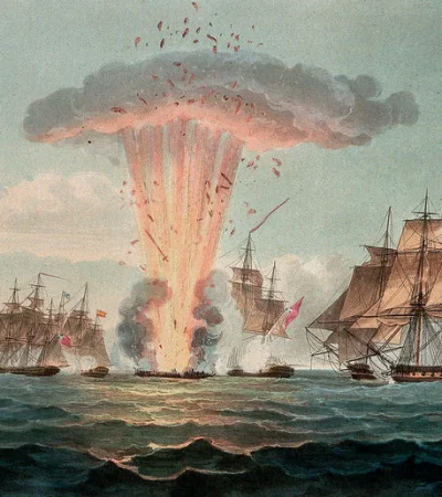 Antiguo grabado que ilustra la voladura de la fragata Mercedes, en la que viajaba gran parte de la familia Alvear- Balbastro.