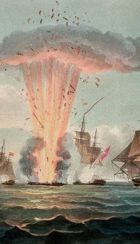 Antiguo grabado que ilustra la voladura de la fragata Mercedes, en la que viajaba gran parte de la familia Alvear- Balbastro.