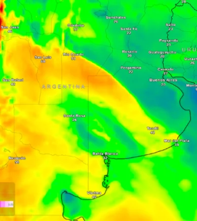Ráfagas de viento asociadas al frente frío pronosticadas por el ECMWF para la tarde de este miércoles 11 de septiembre.