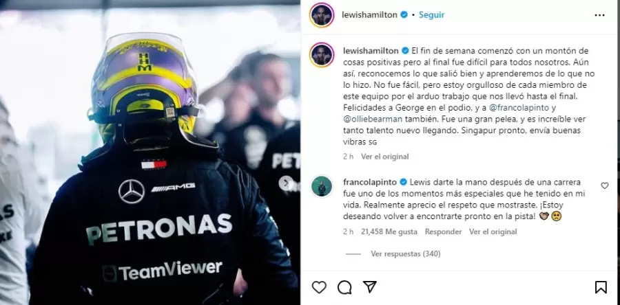 Hamilton felicitó a Colapinto