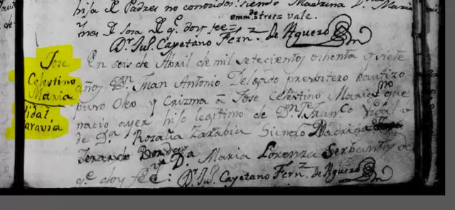 Facsímil del acta de bautismo de Celestino Vidal. (Foto: Wikimedia Commons)