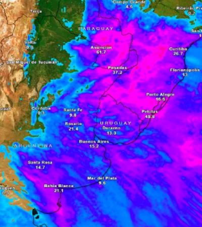 Un centro de alta presión sobre el Atlántico cerca de las costas de Brasil y Uruguay está potenciando una fuerte circulación de vientos.