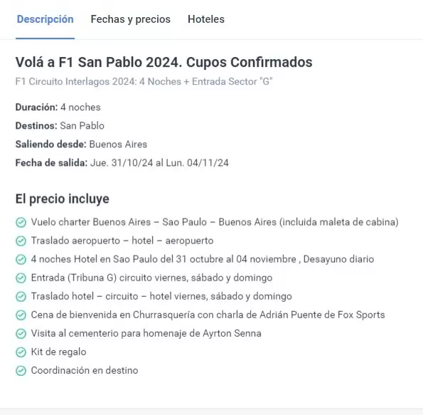 Paquete para ir a Brasil a ver la Fórmula 1