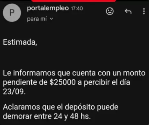 La notificación que llega a cada beneficiario