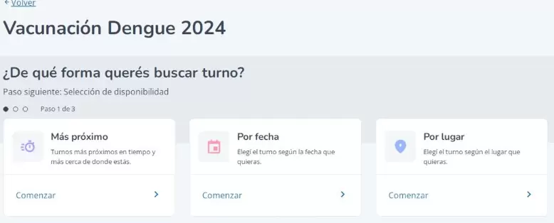 En la primera parte se deberá elegir la forma en la que se quiera buscar turno.