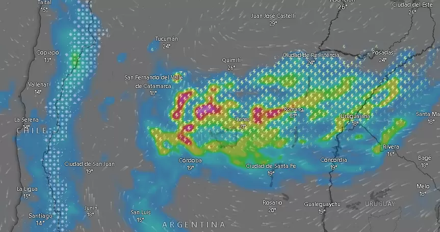 Seguimiento de las tormentas durante la mañana del lunes -a las 10.03- donde se confirmaron las precipitaciones a la altura de El Litoral.