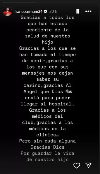 El posteo de Franco Armani confirmando que su hijo sufrió un accidente