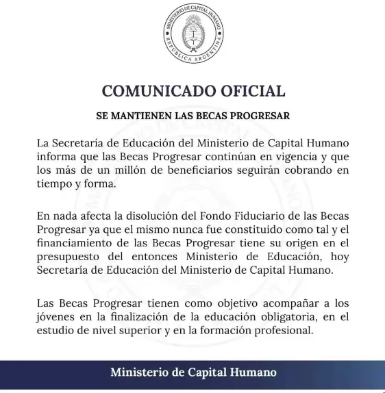 Comunicado oficial sobre la vigencia de Progresar