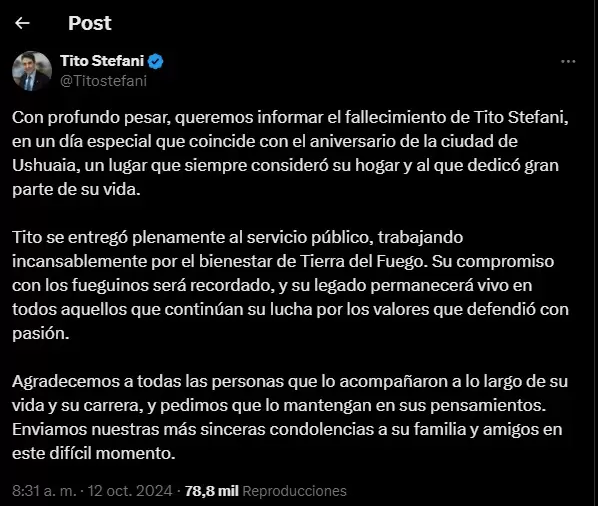 Falleció el legislador fueguino Tito Stefani tras pelear duarante años con una enfermedad terminal