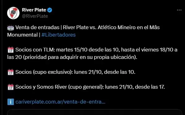 Venta de entrada para el cruce entre River y Mineiro por la Copa Libertadores