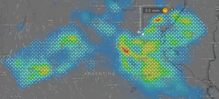 Precipitaciones en el Centro de Argentina minutos antes de las 10.00 del jueves.