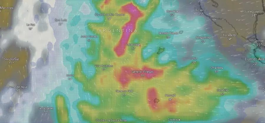 Captura de pantalla de las 09.33 del miércoles 23 de octubre de 2024 del seguimiento en tiempo real de las tormentas en el centro de Argentina.