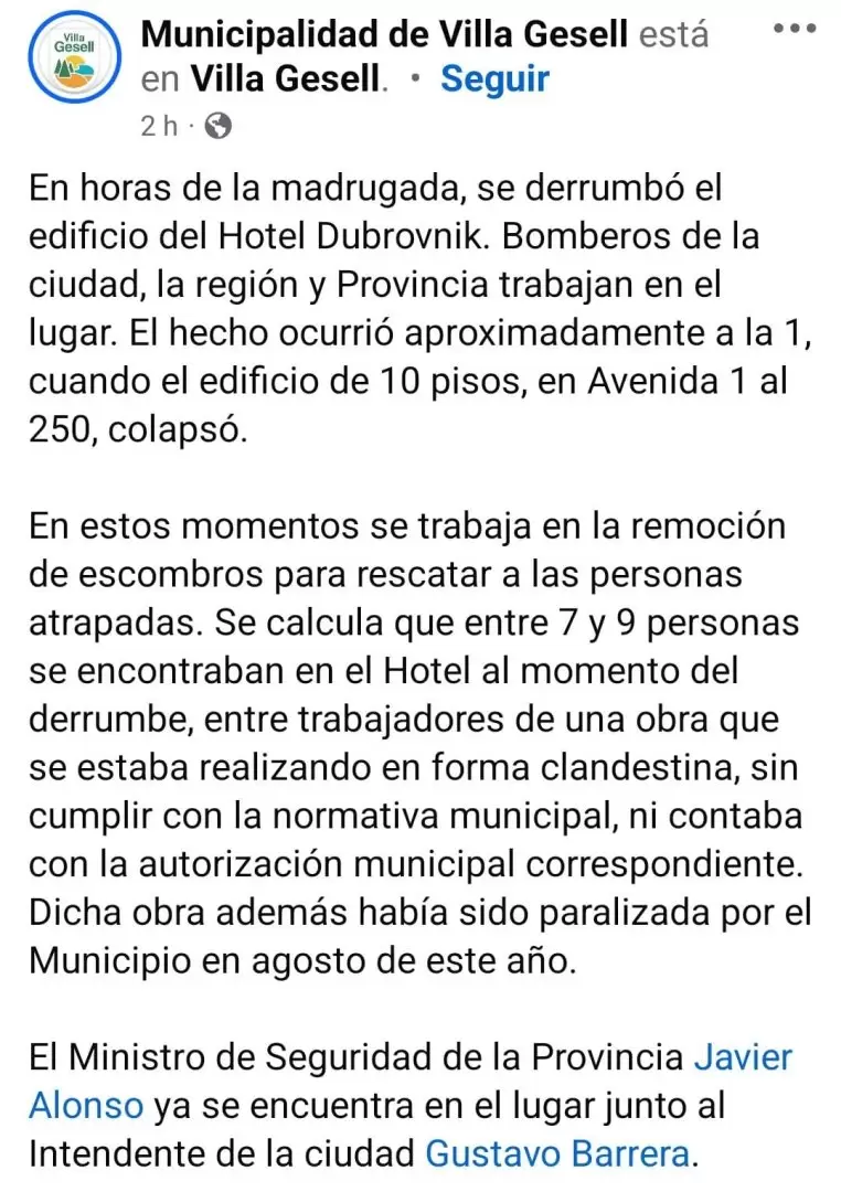 La Municipalidad de Villa Gesell publicó un comunicado respecto al derrumbe.