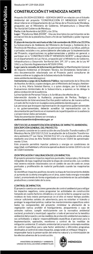 Audiencia Pública del Proyecto denominado "ET Mendoza Norte"