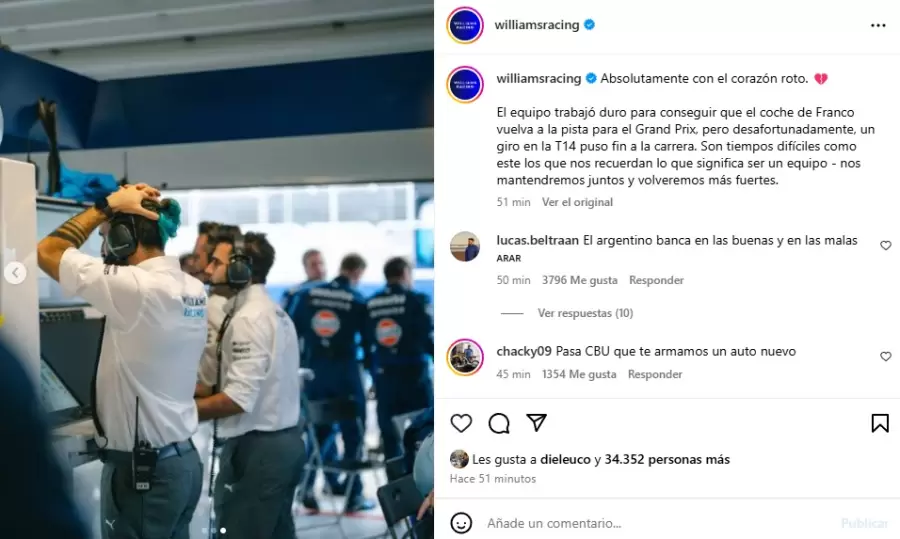 Williams apenado por el coque de Franco Colapinto