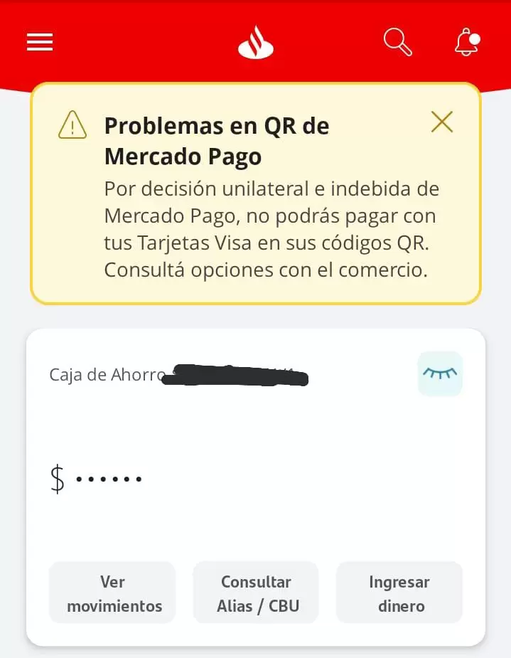 Banco Santader notifica a sus clientes sobre el impedimento para pagar con QR en Mercado Pago