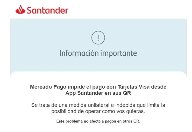 Banco Santander notificó a sus usuarios los problemas para pagar con QR de Mercado Libre