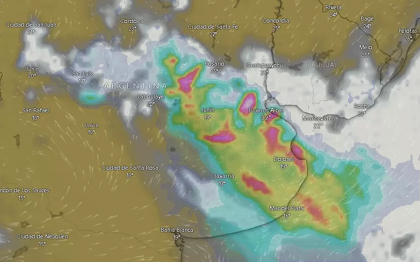 Mapa satelital del lunes -4 de noviembre- a las 09.30 con seguimiento de las tormentas severas sobre gran parte del territorio bonaerense.