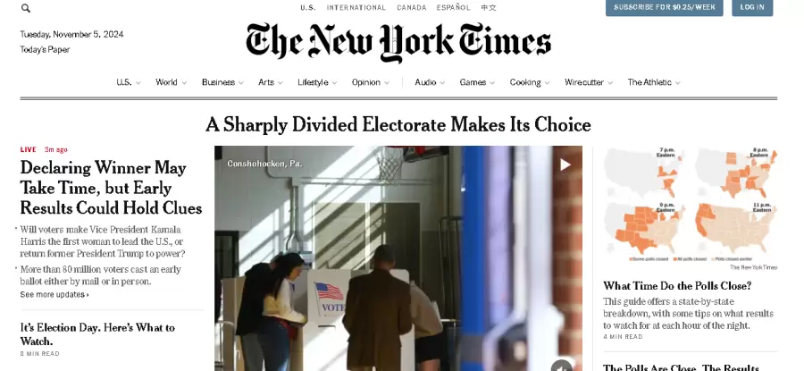 Portada de The New York Times de las 14.40 del martes 5 de noviembre.