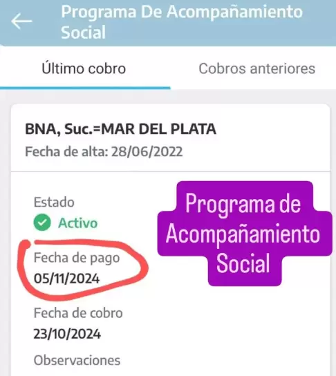 La fecha y lugar de cobro que figura en Mi Argentina