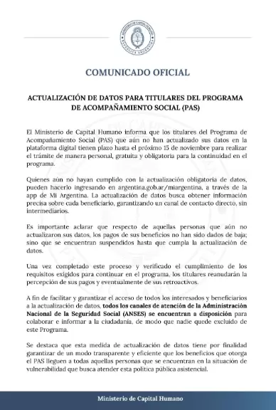 El comunicado publicado por el Ministerio de Capital Humano