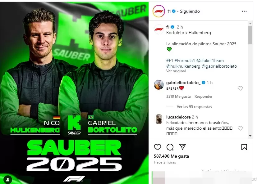 Sauber confirmó que Gabriel Bortoleto será el compañero de Nico Hulkenberg en 2025