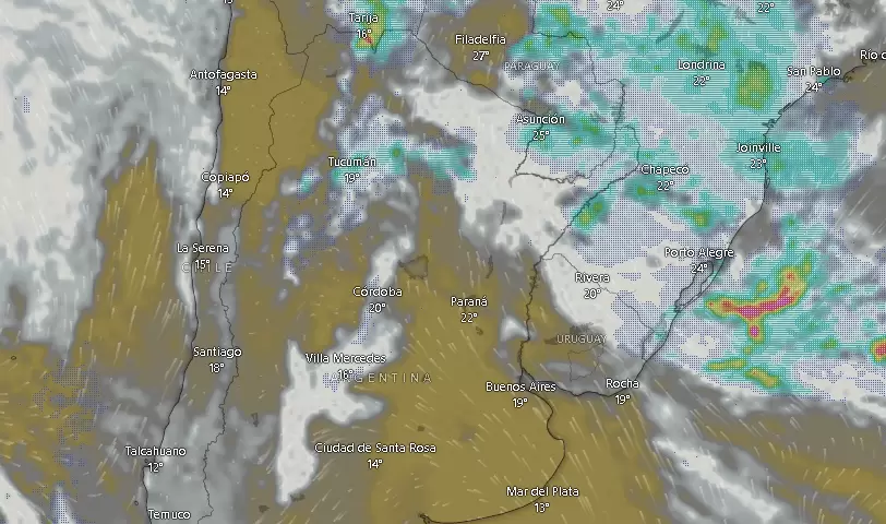 Imagen satelital del centro y norte de Argentina con presencia de nubosidad a las 09.40 del jueves 7 de noviembre de 2024.