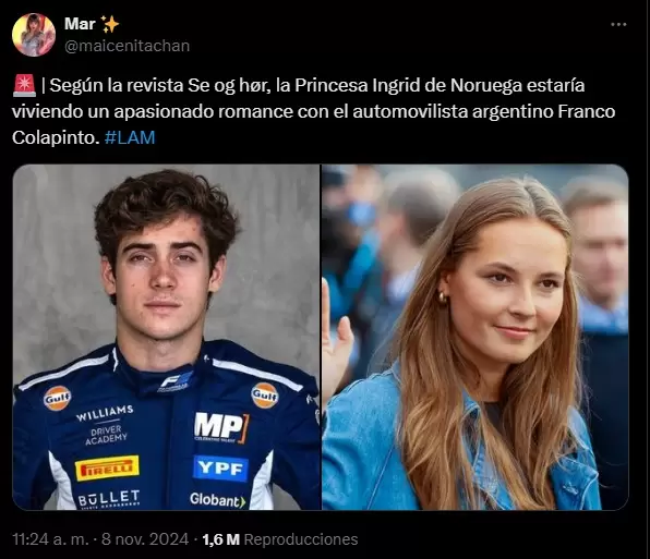 Franco Colapinto fue vinculado con la princesa de Noruega