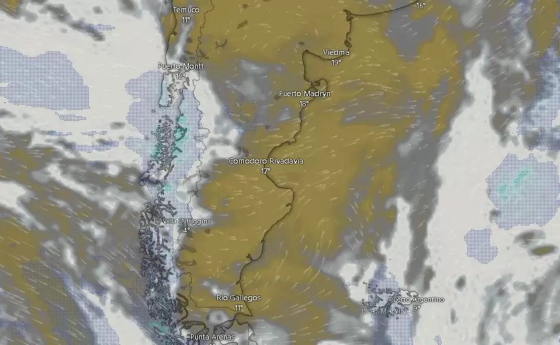 Imagen satelital del avance de los frentes fríos que impactarán en gran parte de Argentina el próximo fin de semana.