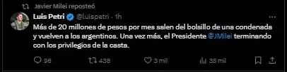 Publicación de Luis Petri en X.