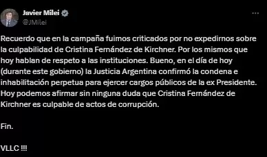 Javier Milei publicación de X.