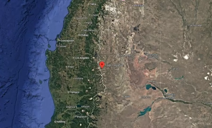 En rojo, ubicación del lago Cavihue, en la provincia de Neuquén.