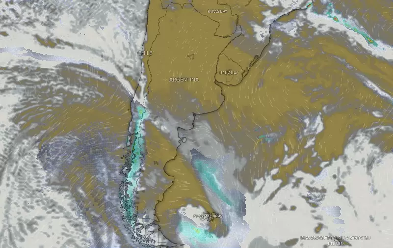 Imagen satelital con el seguimiento de los avances de los sistemas frontales sobre Argentina de las 09.56 del viernes 15 de noviembre.