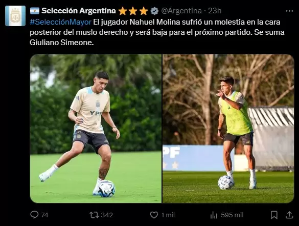 Giuliano Simeone se suma a la Selección en reemplazo de Nahuel Molina