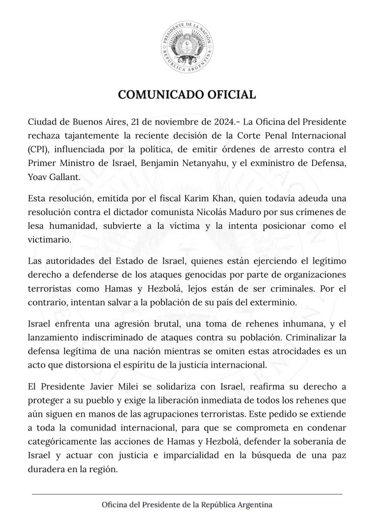 La declaración de la Oficina de Presidencia.