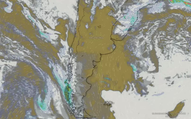 Nubosidad y frentes fríos acercándose al Cono Sur durante el viernes 2 de noviembre a las 09.39.